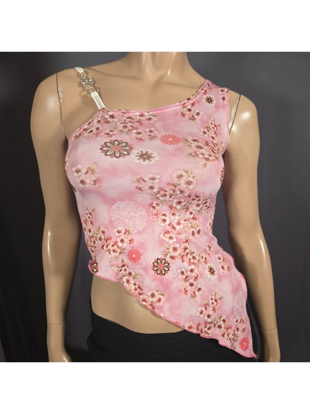 Y2K One Shoulder Asymmetric Pink Floral Sleeveless Fairycore Top Size XS
